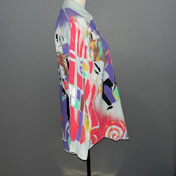 KOLORWAY Hand Painted Denim Button Down New Orleans Jazz Mardi Gras Shirt Top - Picture 8 of 10